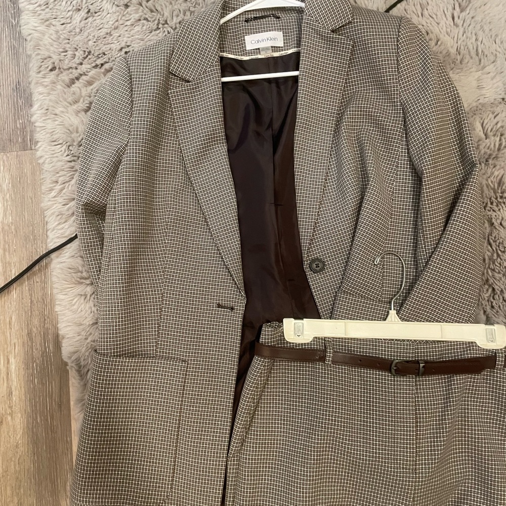 Calvin Klein Women's Checkered Blazer in Gray and Brown